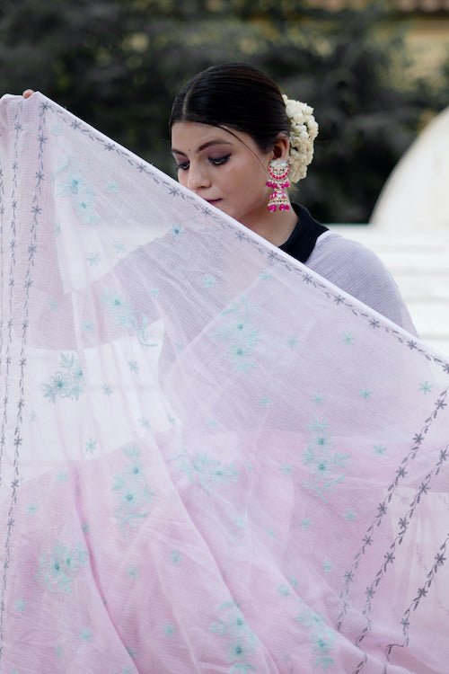 Shwet Pink grey blue Kota Cotton Chikankari Saree - Handcrafted Chikankari embroidery. Premium quality fabric.