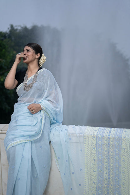 Shwet blue yellow Kota Cotton Chikankari Saree