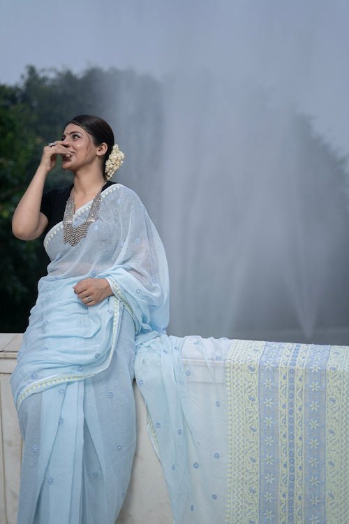 Shwet blue yellow Kota Cotton Chikankari Saree - Handcrafted Chikankari embroidery, close-up detail. Premium quality fabric.