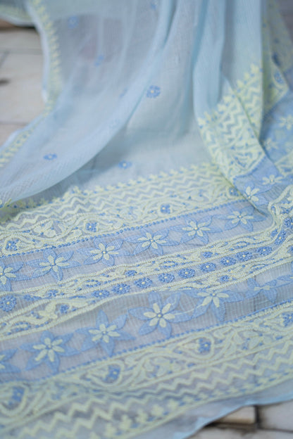 Shwet blue yellow Kota Cotton Chikankari Saree