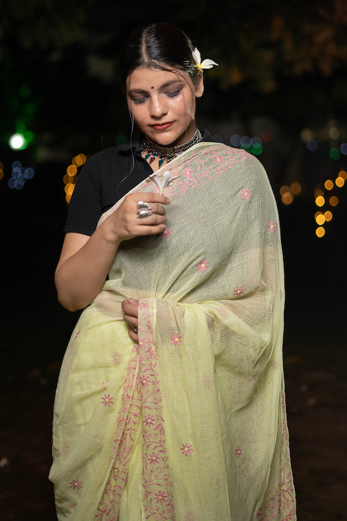 Shwet Artistry shwet yellow maroon kota cotton chikankari saree - Premium Chikankari Collection