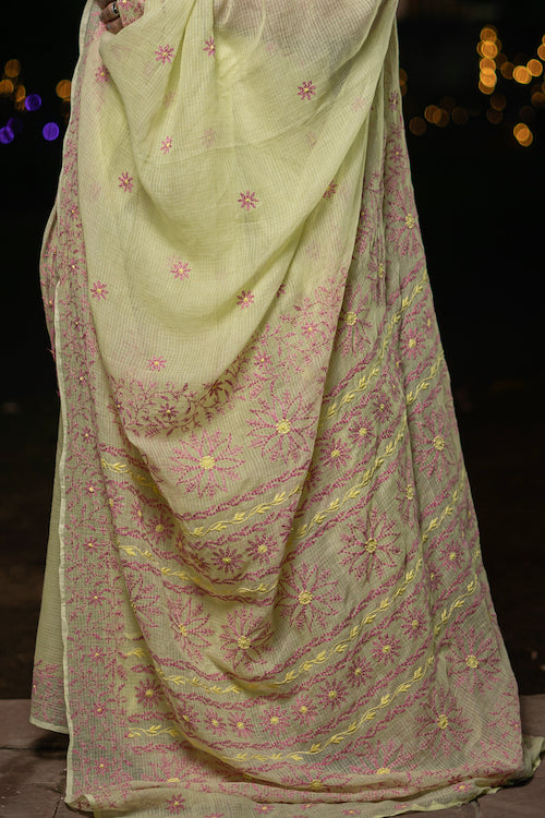 Shwet Artistry shwet yellow maroon kota cotton chikankari saree - Premium Chikankari Collection