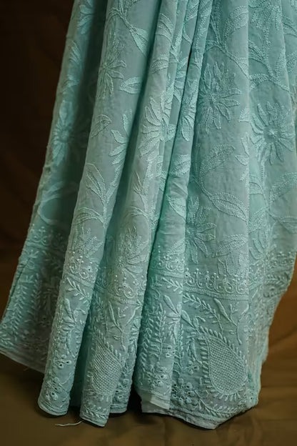 Shwet Cyan Blue Georgette Chikankari Saree