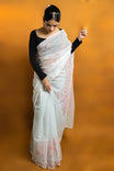 Shwet Women Grey Pink Hand Embroidered Chikankari Kota Cotton Silk Saree