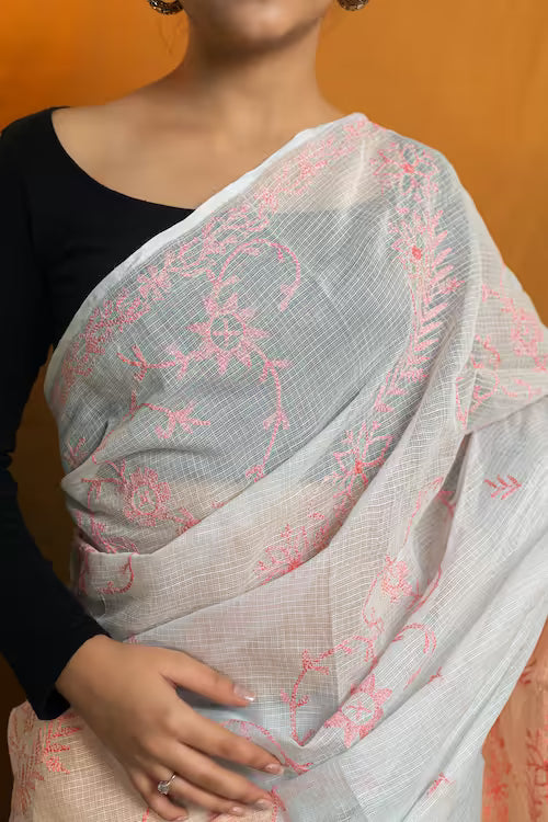 Shwet Women Grey Pink Hand Embroidered Chikankari Kota Cotton Silk Saree