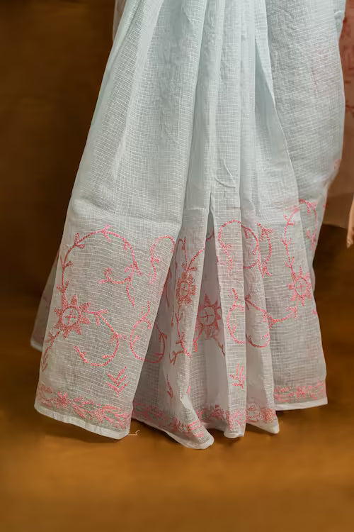 Shwet Women Grey Pink Hand Embroidered Chikankari Kota Cotton Silk Saree