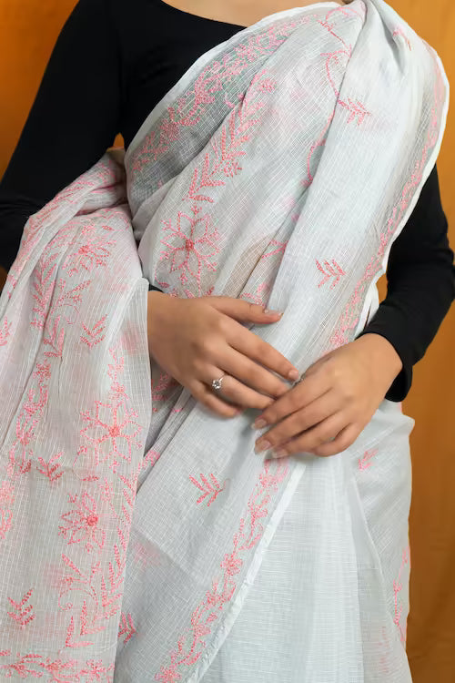 Shwet Women Grey Pink Hand Embroidered Chikankari Kota Cotton Silk Saree