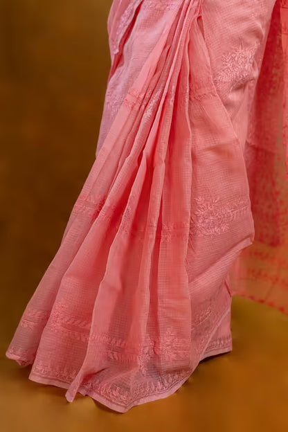 Shwet Pink Hand Embroidered  Kota Cotton Chikankari Saree