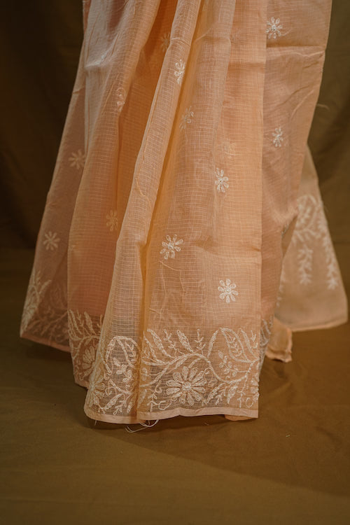 Shwet Peach Kota Cotton Hand Embroidered Chikankari Saree