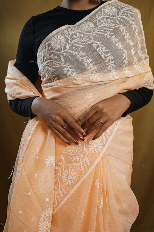 Shwet Peach Kota Cotton Hand Embroidered Chikankari Saree