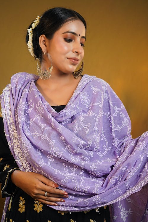 shwet pestal hues purple chikankari cotton dupatta - Handcrafted Chikankari embroidery, front view. Premium quality fabric.