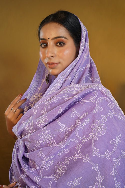 shwet pestal hues purple chikankari cotton dupatta - Handcrafted Chikankari embroidery. Premium quality fabric.