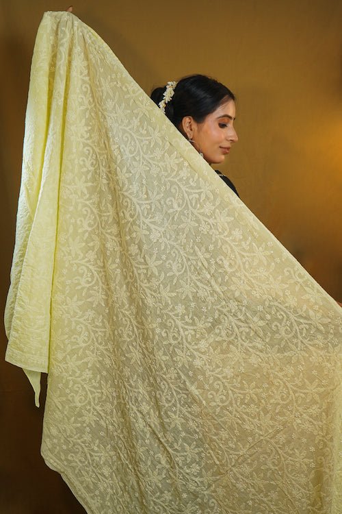 shwet pestal hues yellow chikankari cotton dupatta - Handcrafted Chikankari embroidery, close-up detail. Premium quality fabric.