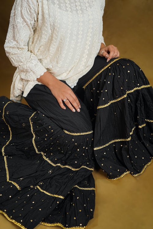 shwet pestal hues black chikankari cotton Garara - Handcrafted Chikankari embroidery, close-up detail. Premium quality fabric.