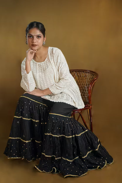 Shwet pestal hues black chikankari cotton Garara