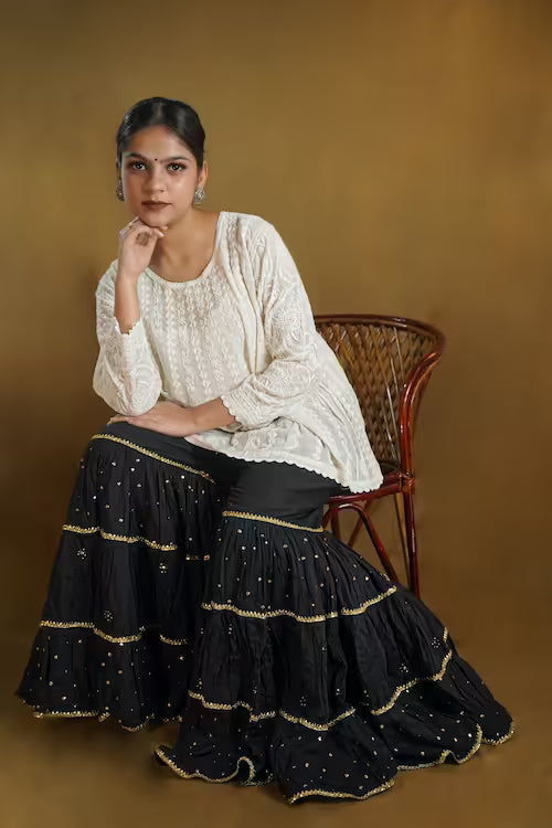 Shwet pestal hues black chikankari cotton Garara