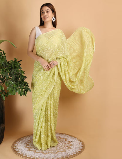 Shwet Parrot Green Kota Cotton Chikankari Saree - Shwet Artistry