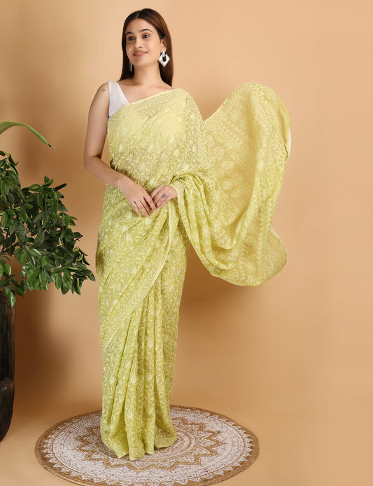 Shwet Parrot Green Kota Cotton Chikankari Saree - Shwet Artistry