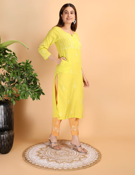 Shwet Women Parrot Green Chikankari Kurta pants - Shwet Artistry