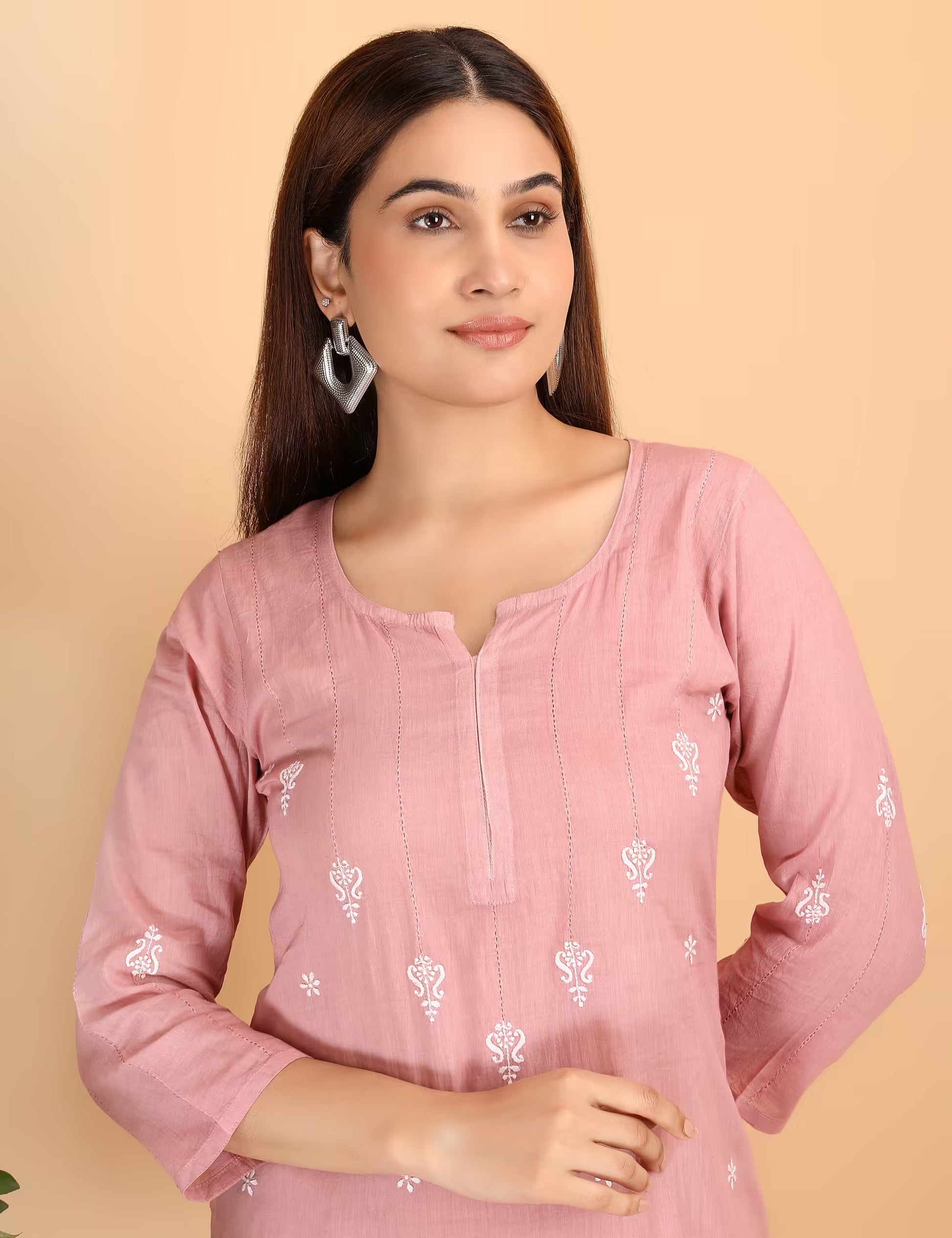 Shwet Women Peach Chikankari Kurta Pants - Shwet Artistry