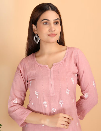 Shwet Women Peach Chikankari Kurta Pants - Shwet Artistry