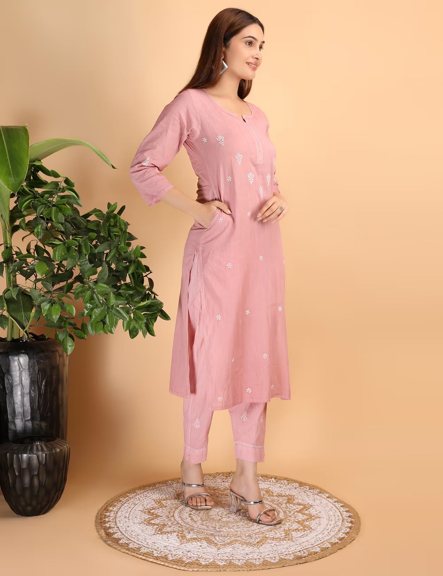 Shwet Women Peach Chikankari Kurta Pants - Shwet Artistry