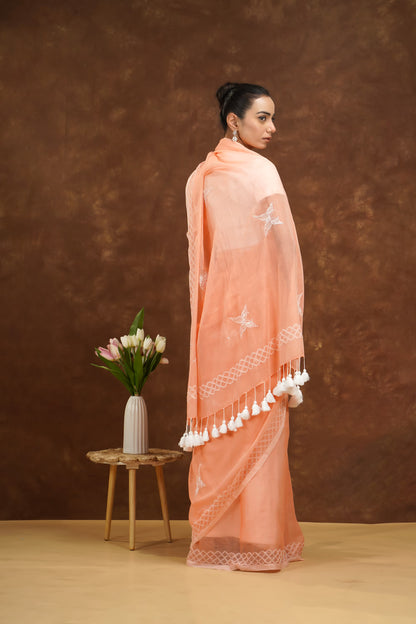 Woman wearing a peach saree with white patterns and tassels, standing against a brown background.