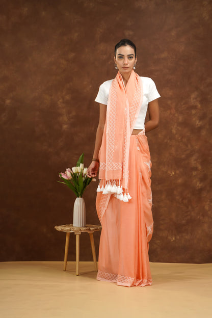 Woman in peach saree with white blouse against a brown background