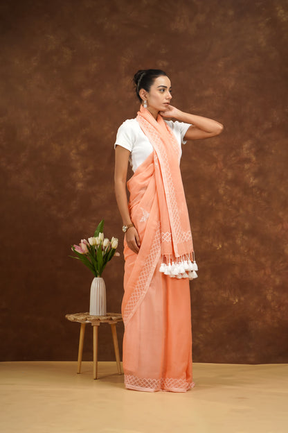 Woman wearing a peach saree with a white blouse against a brown background