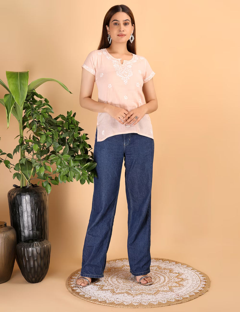 Shwet Women Peach Chikankari Cotton Short Top - Shwet Artistry