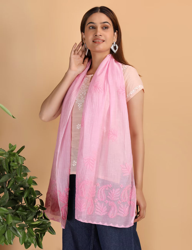 Shwet Women Pink Chikankari Chanderi Stole - Shwet Artistry