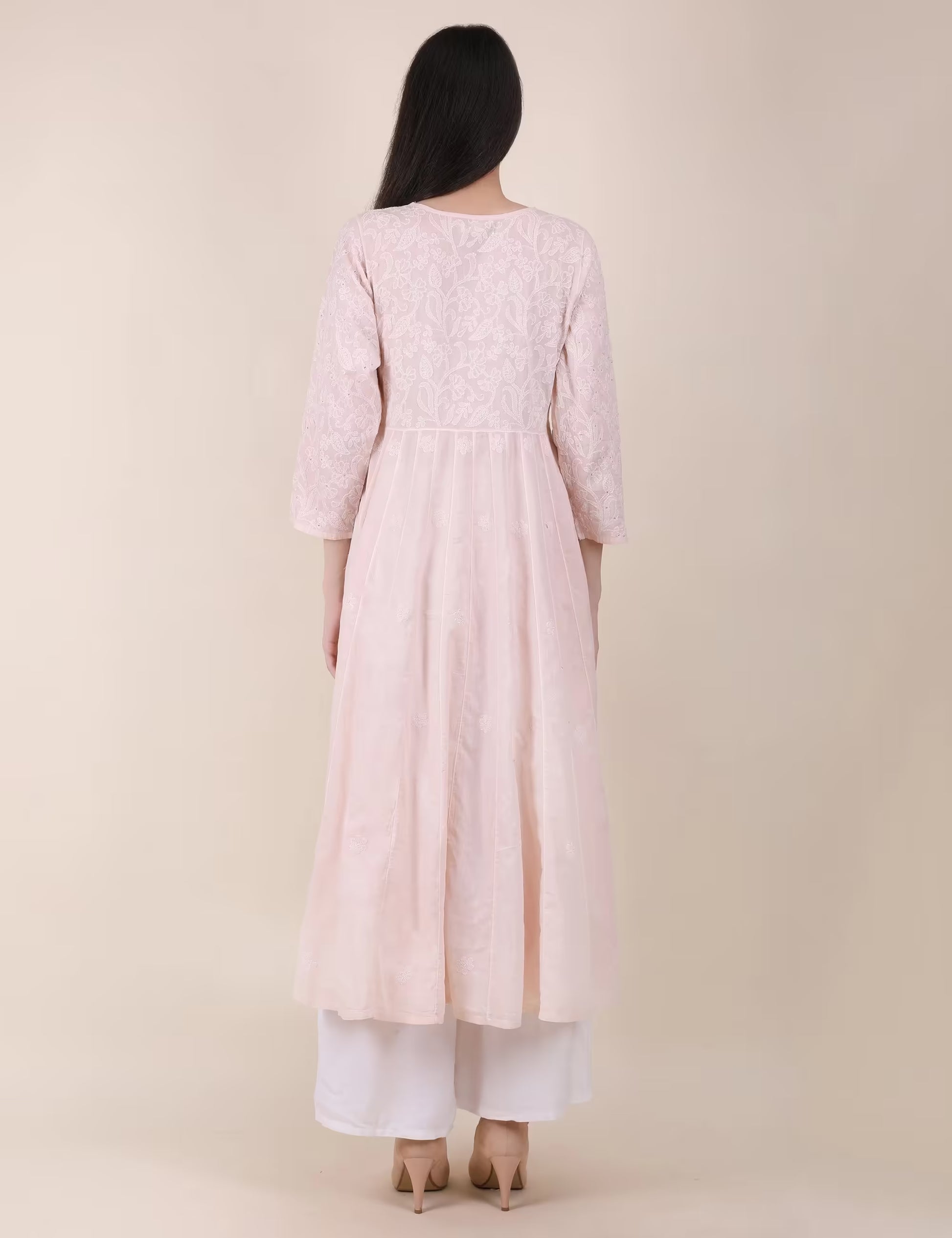 Shwet Women Powder Pink Hand Embroidered Chikankari  Kali kurti - Shwet Artistry