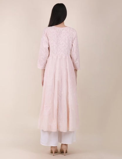 Shwet Women Powder Pink Hand Embroidered Chikankari  Kali kurti - Shwet Artistry