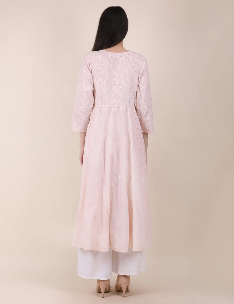 Shwet Women Powder Pink Hand Embroidered Chikankari  Kali kurti - Shwet Artistry