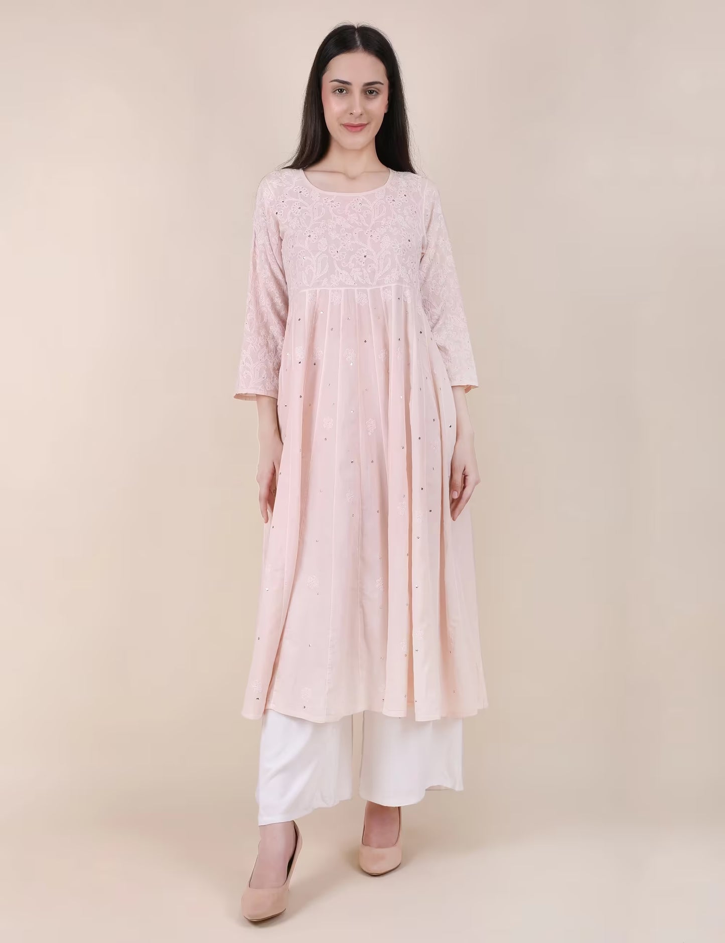 Shwet Women Powder Pink Hand Embroidered Chikankari  Kali kurti - Shwet Artistry
