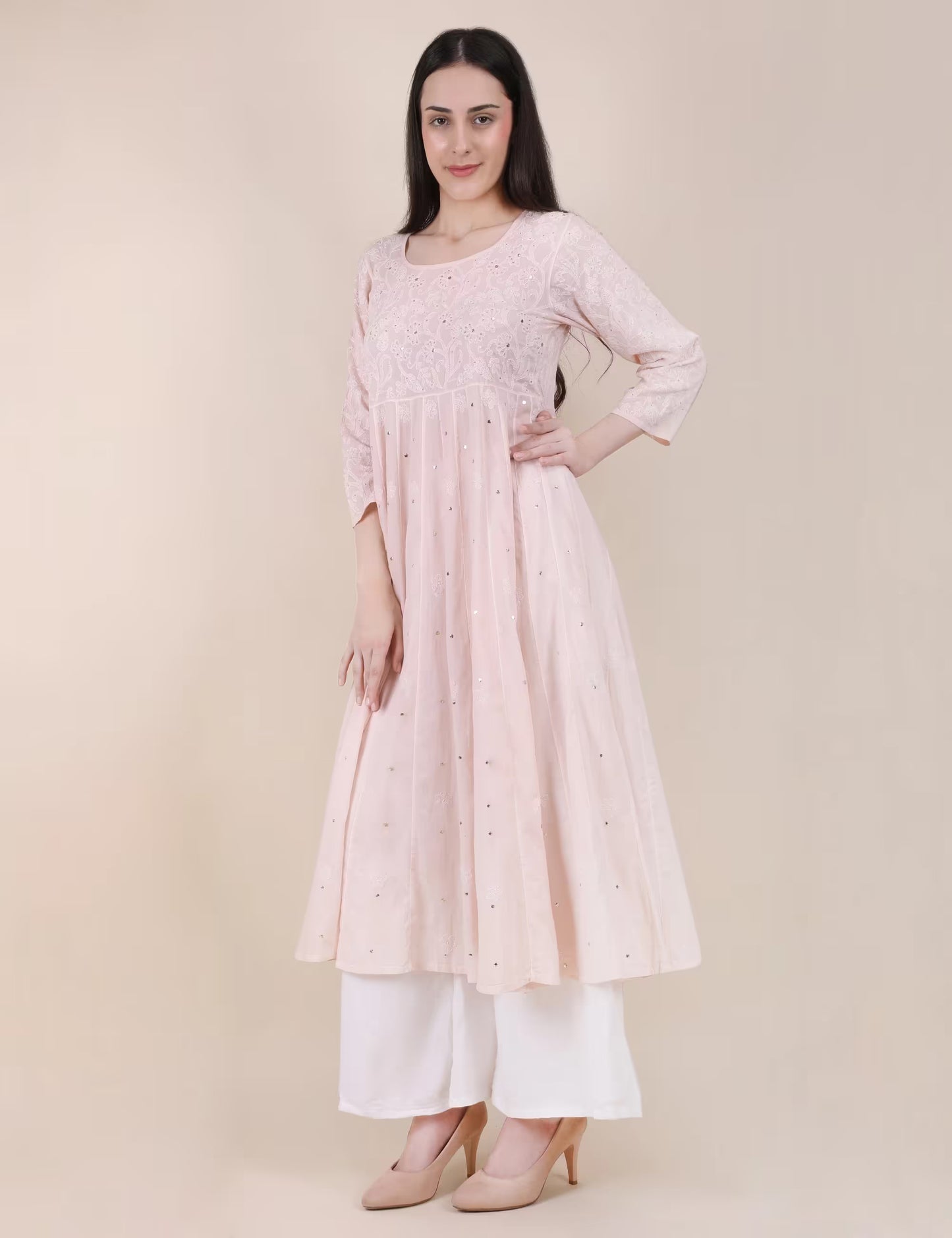 Shwet Women Powder Pink Hand Embroidered Chikankari  Kali kurti - Shwet Artistry