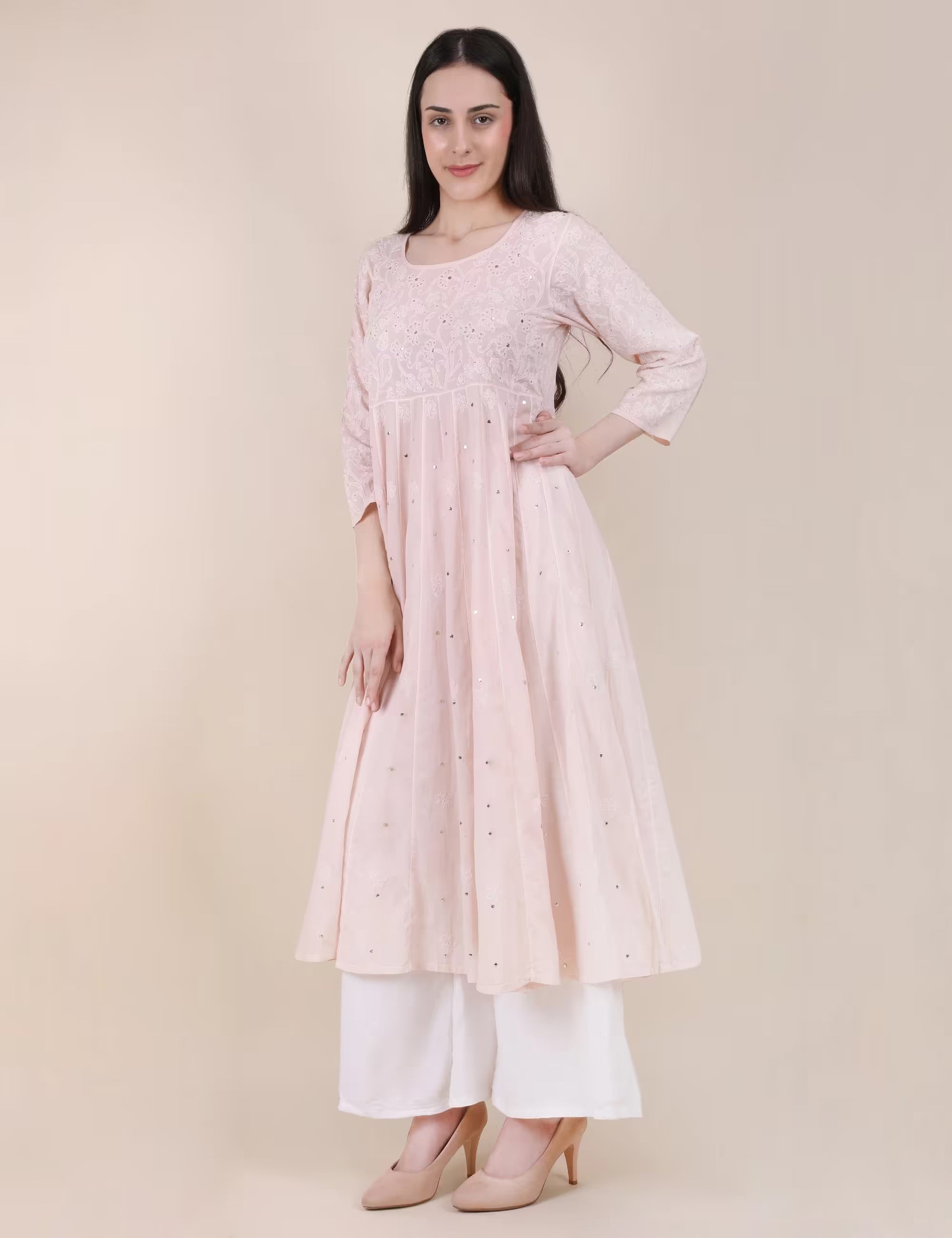 Shwet Women Powder Pink Hand Embroidered Chikankari  Kali kurti - Shwet Artistry