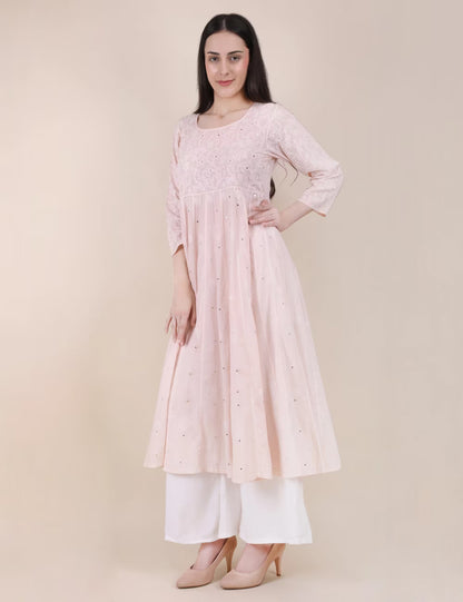 Shwet Women Powder Pink Hand Embroidered Chikankari  Kali kurti - Shwet Artistry