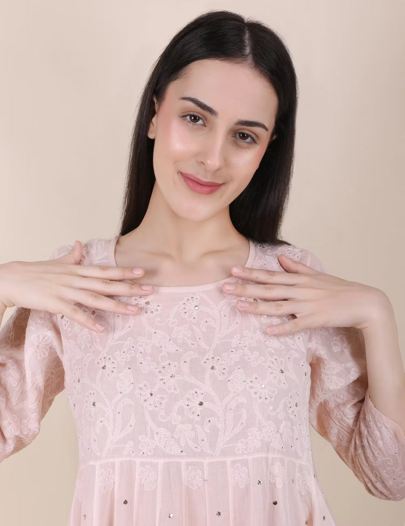 Shwet Women Powder Pink Hand Embroidered Chikankari  Kali kurti - Shwet Artistry