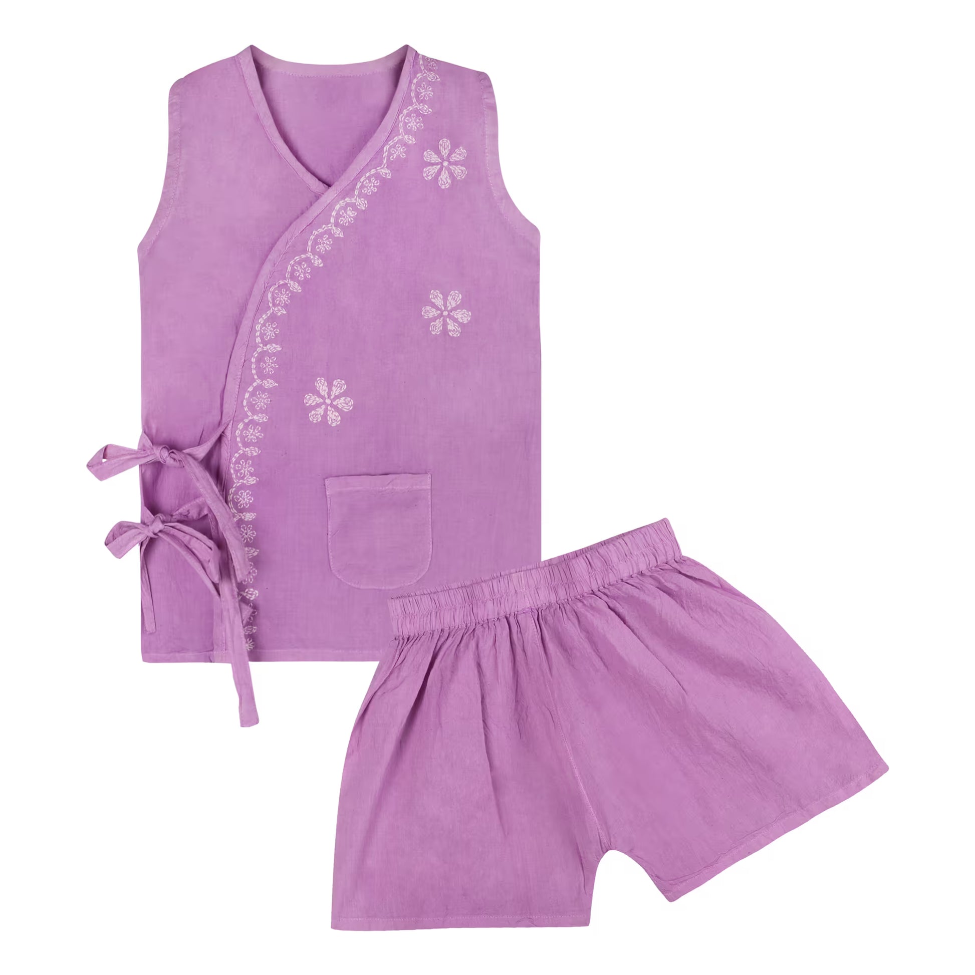 Purple sleeveless jhabla and shorts set with   white chikankari embroidery on a white background