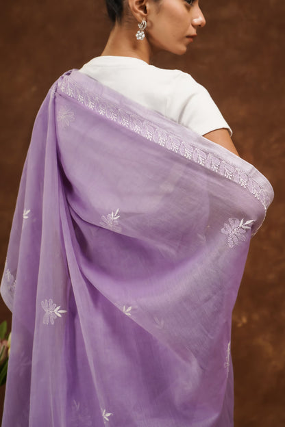 Shwet Women  Purple Hand Embroidered Chikankari  Mulmul Saree