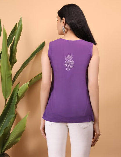Shwet Women Purple Chikankari Sleevless Yoke Top - Shwet Artistry