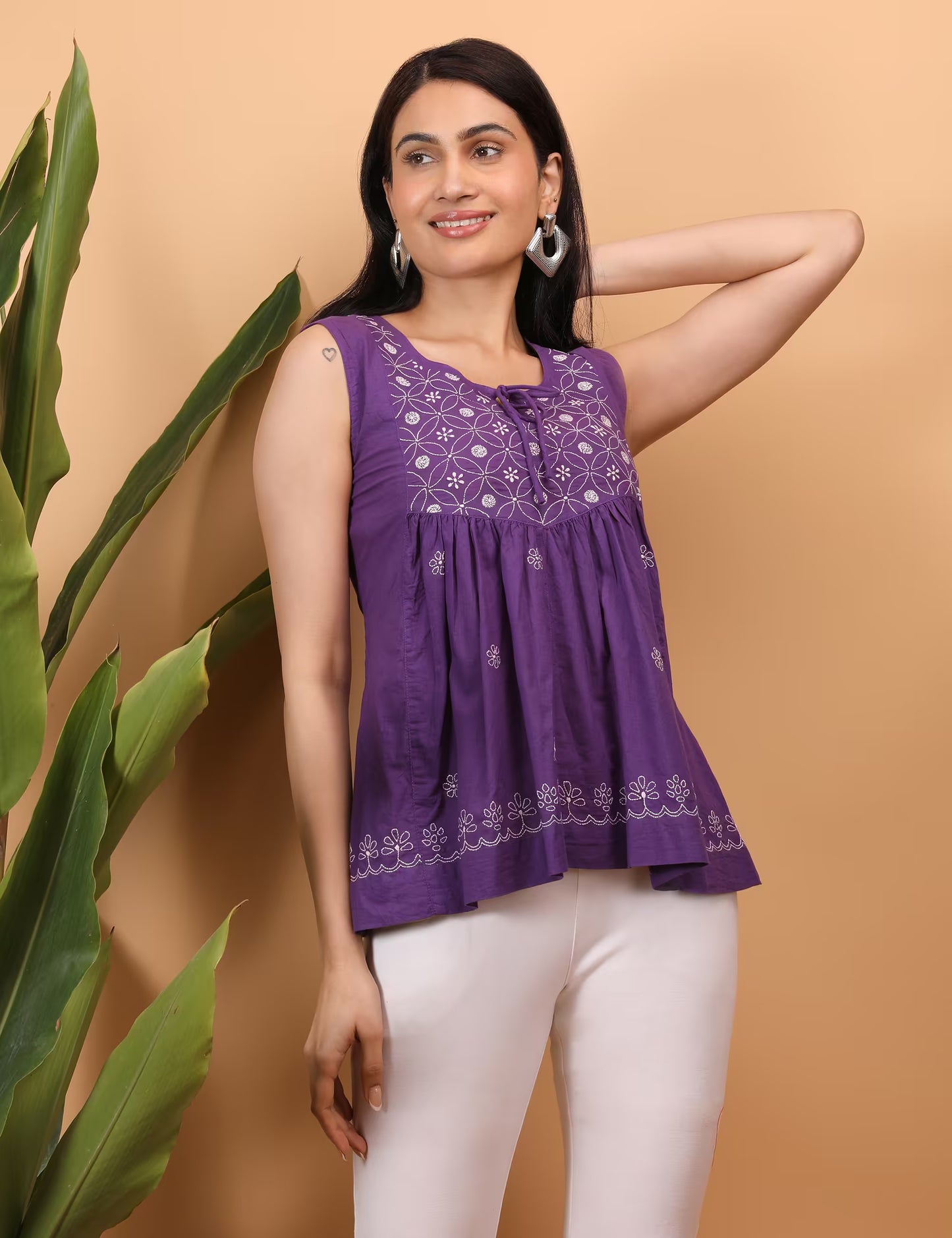 Shwet Women Purple Chikankari Sleevless Yoke Top - Shwet Artistry