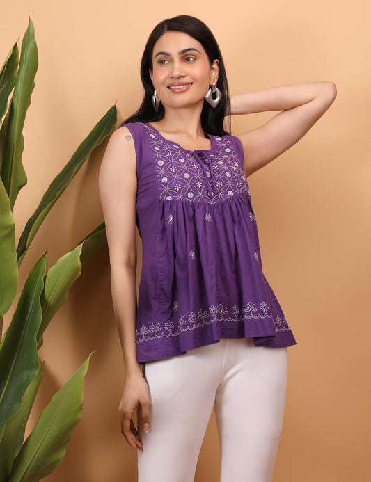 Shwet Women Purple Chikankari Sleevless Yoke Top - Shwet Artistry