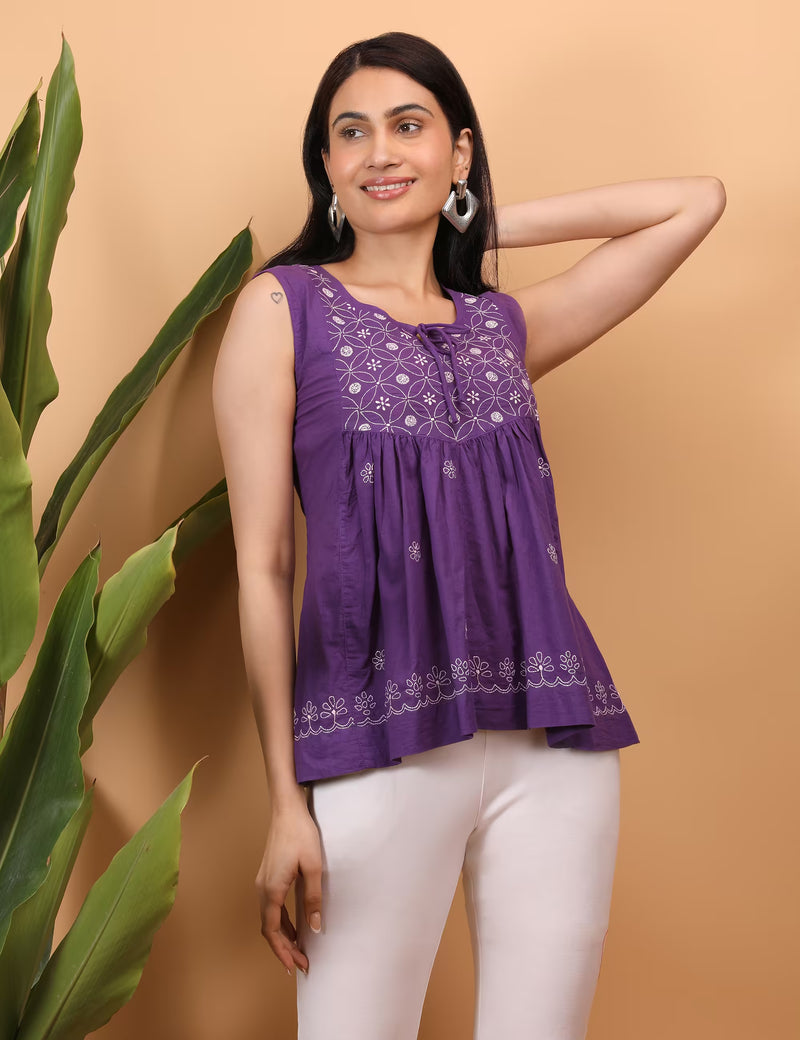 Shwet Women Purple Chikankari Sleevless Yoke Top - Shwet Artistry