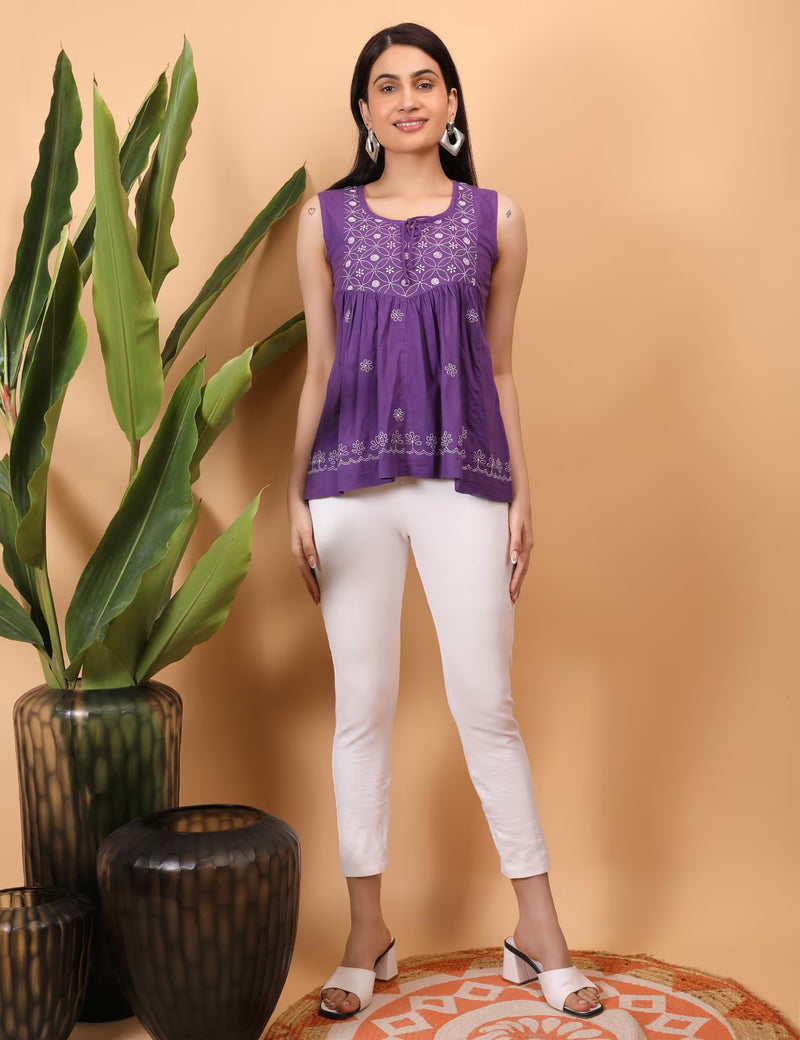 Shwet Women Purple Chikankari Sleevless Yoke Top - Shwet Artistry