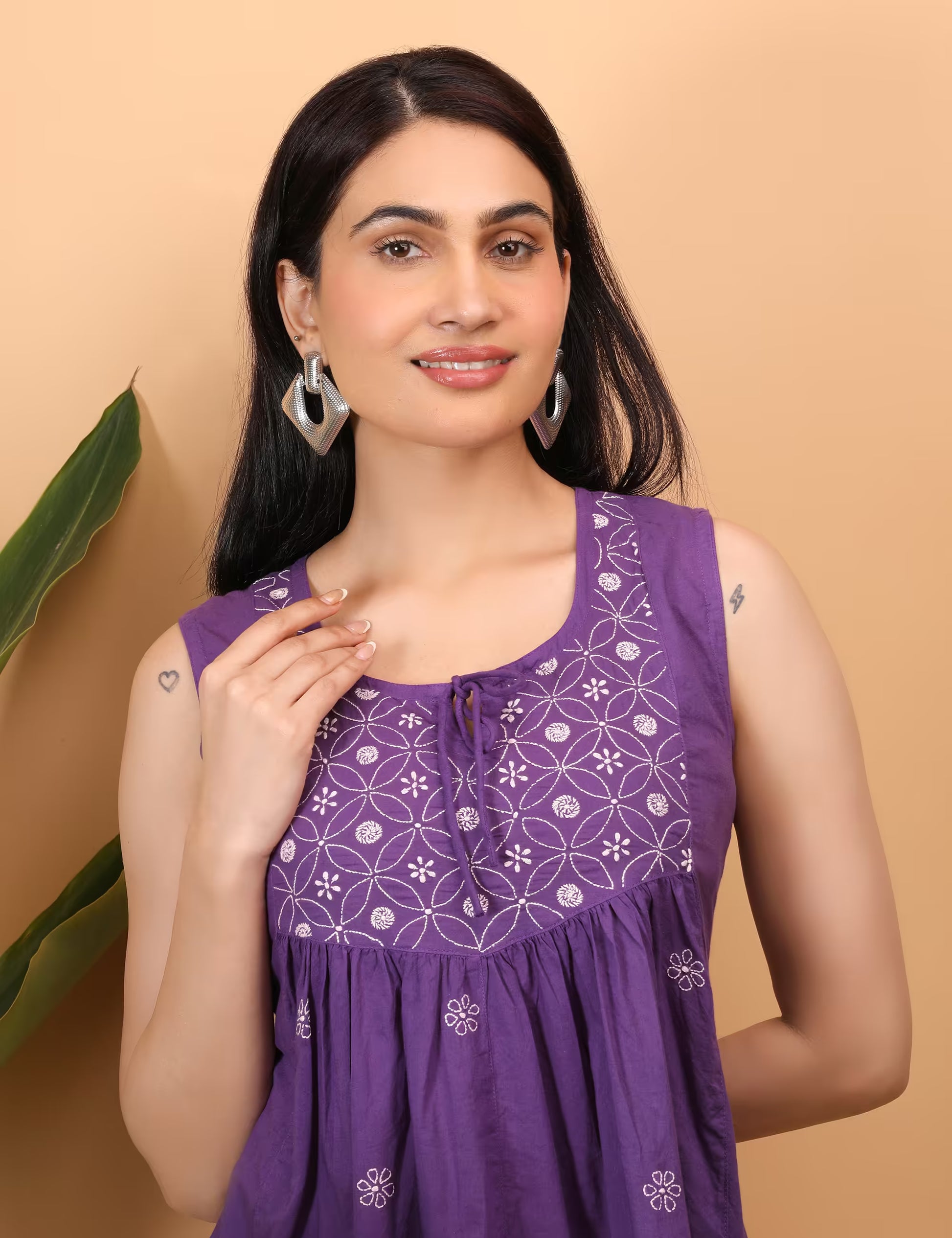 Shwet Women Purple Chikankari Sleevless Yoke Top - Shwet Artistry
