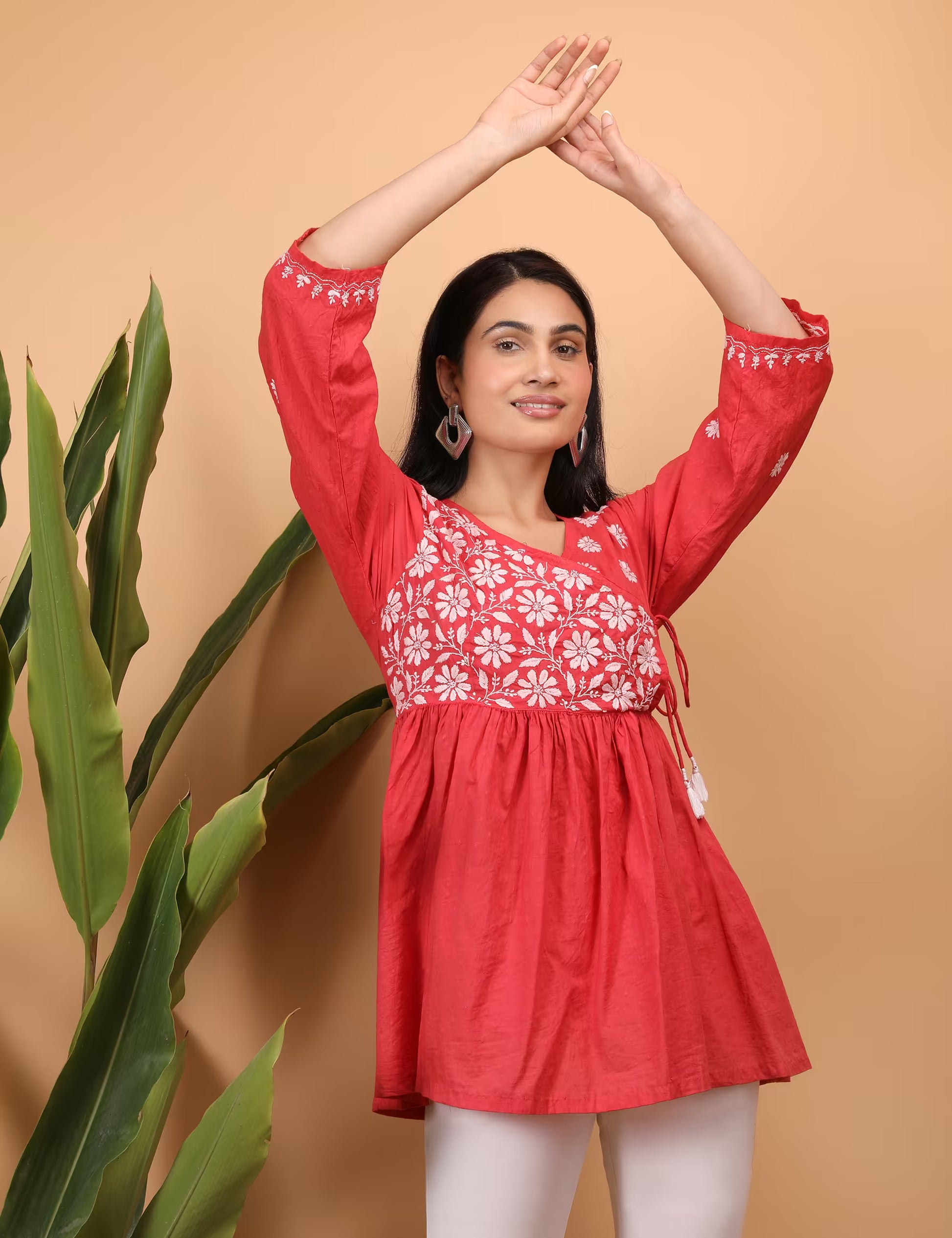 Shwet Women Red Chikankari Angarkha Top - Shwet Artistry