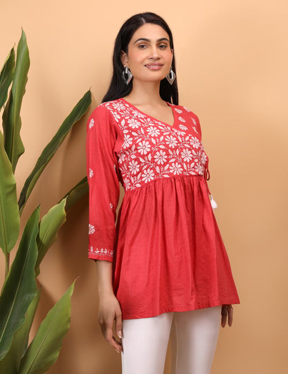 Shwet Women Red Chikankari Angarkha Top - Shwet Artistry
