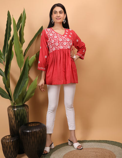 Shwet Women Red Chikankari Angarkha Top - Shwet Artistry